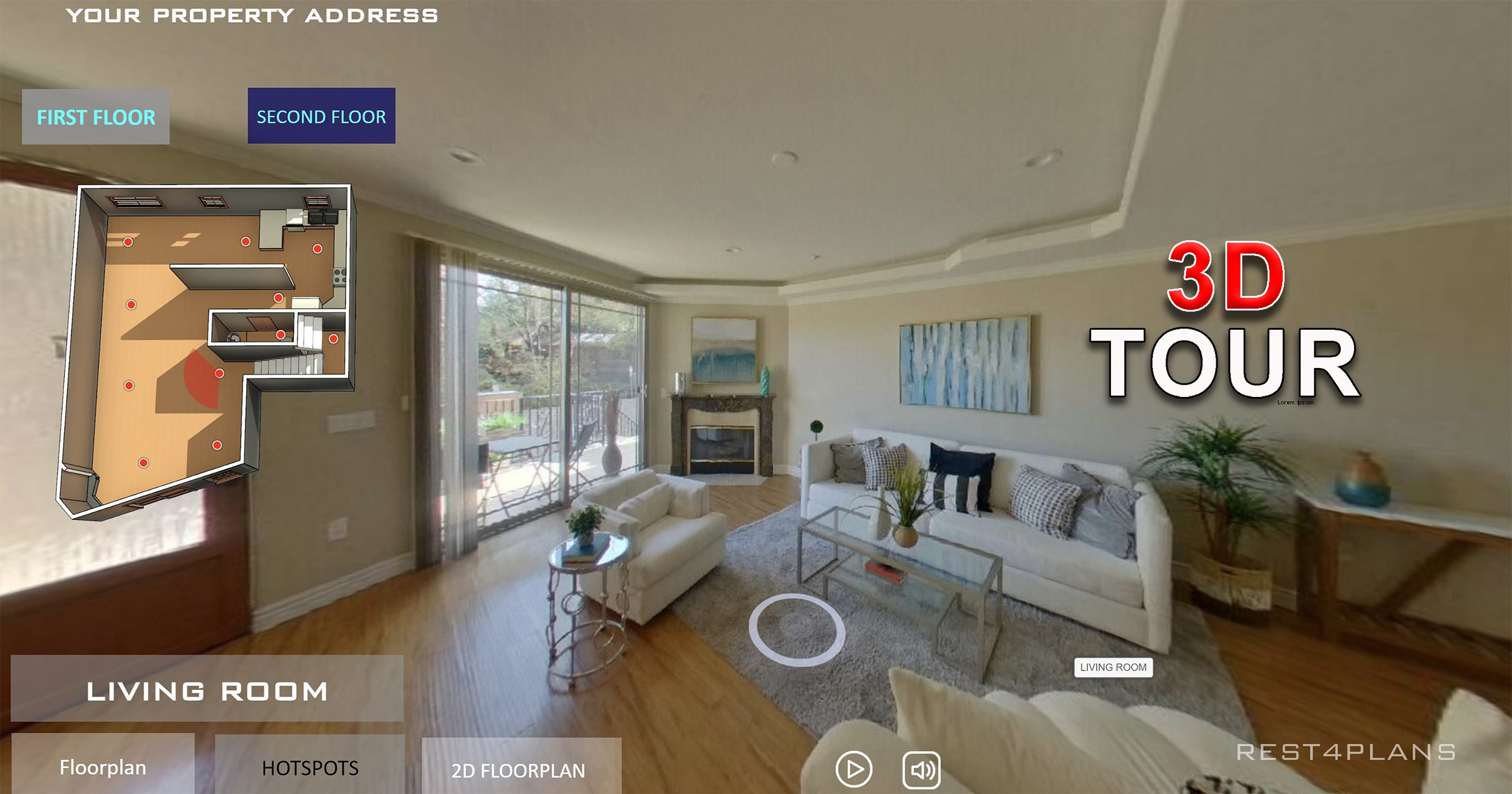 3d Tour living room photo with a floor plan on the side